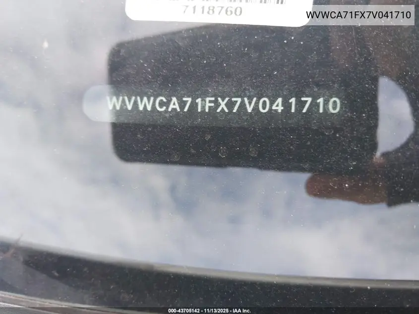 2007 Volkswagen Eos 2.0T VIN: WVWCA71FX7V041710 Lot: 43705142
