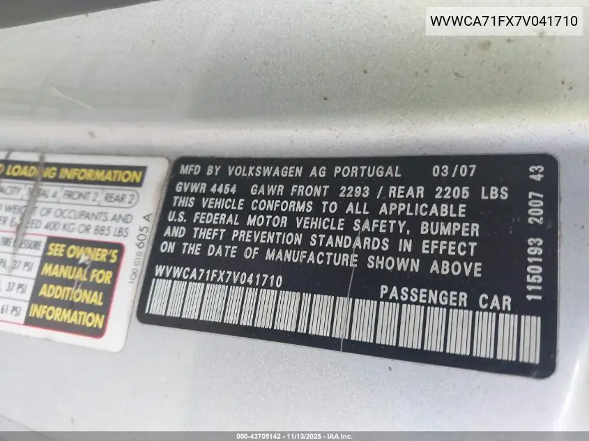 2007 Volkswagen Eos 2.0T VIN: WVWCA71FX7V041710 Lot: 43705142