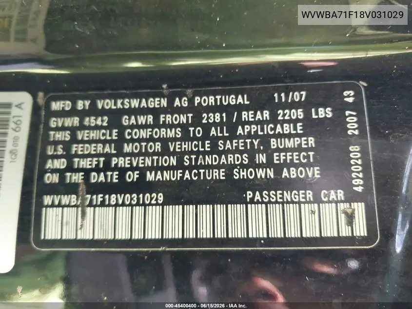 2008 Volkswagen Eos Komfort/Turbo VIN: WVWBA71F18V031029 Lot: 45400400