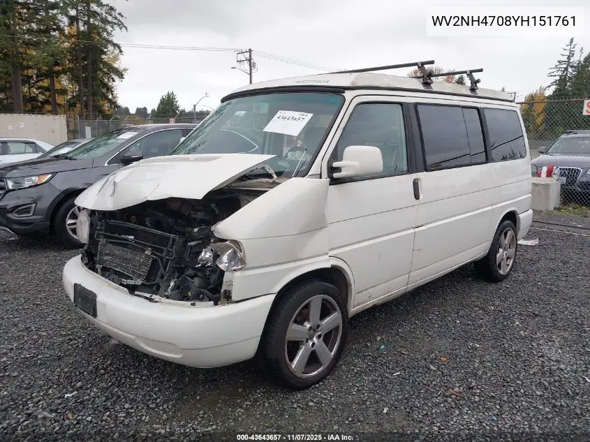 2000 Volkswagen Eurovan Mv VIN: WV2NH4708YH151761 Lot: 43643657