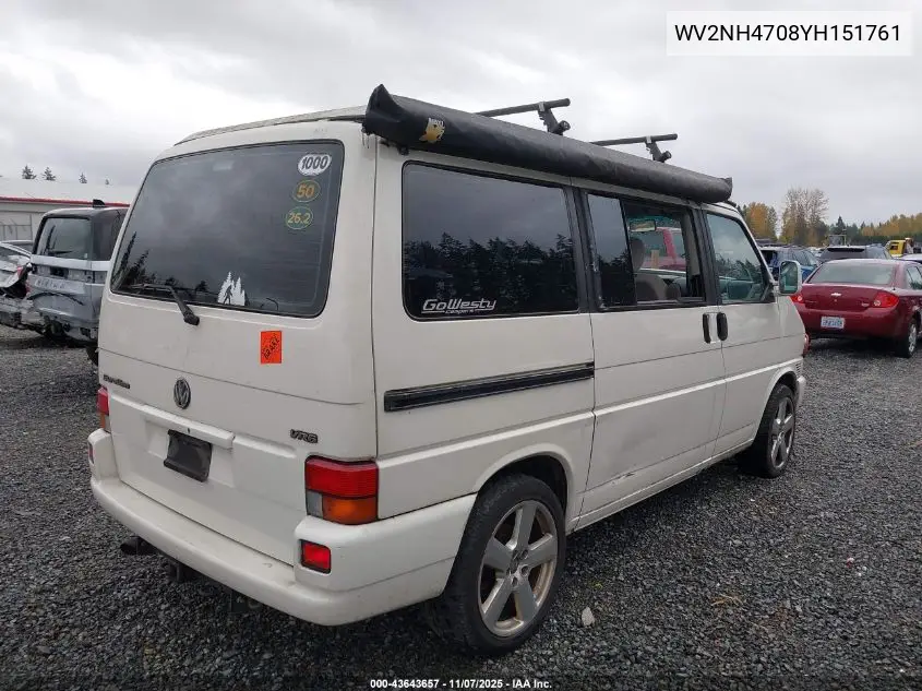 2000 Volkswagen Eurovan Mv VIN: WV2NH4708YH151761 Lot: 43643657