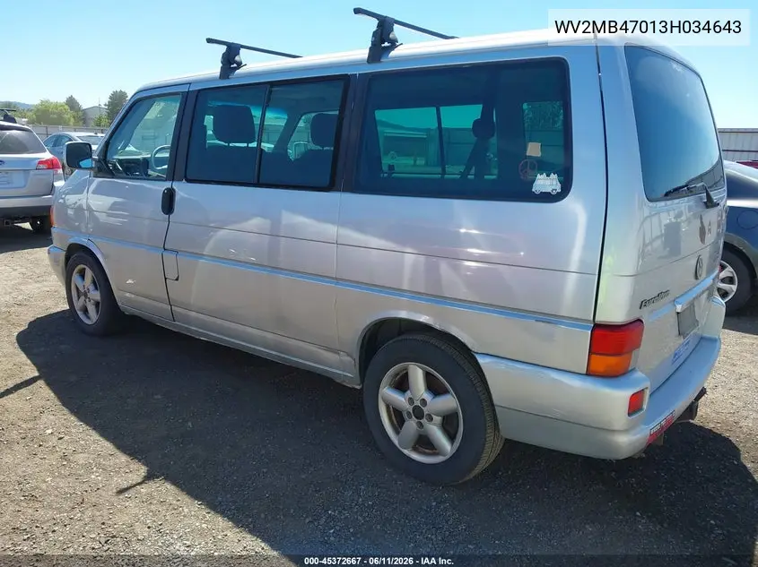 2003 Volkswagen Eurovan Mv VIN: WV2MB47013H034643 Lot: 45372667
