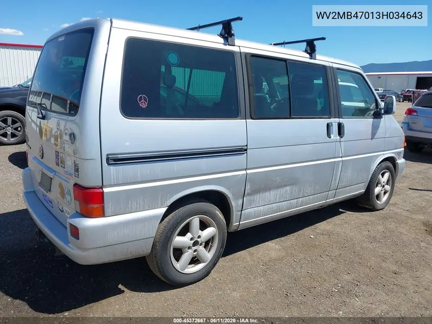 2003 Volkswagen Eurovan Mv VIN: WV2MB47013H034643 Lot: 45372667