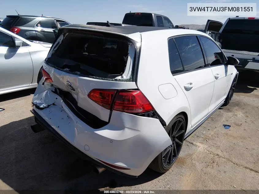 2015 Volkswagen Golf Gti 2.0T Se 4-Door VIN: 3VW4T7AU3FM081551 Lot: 44632750