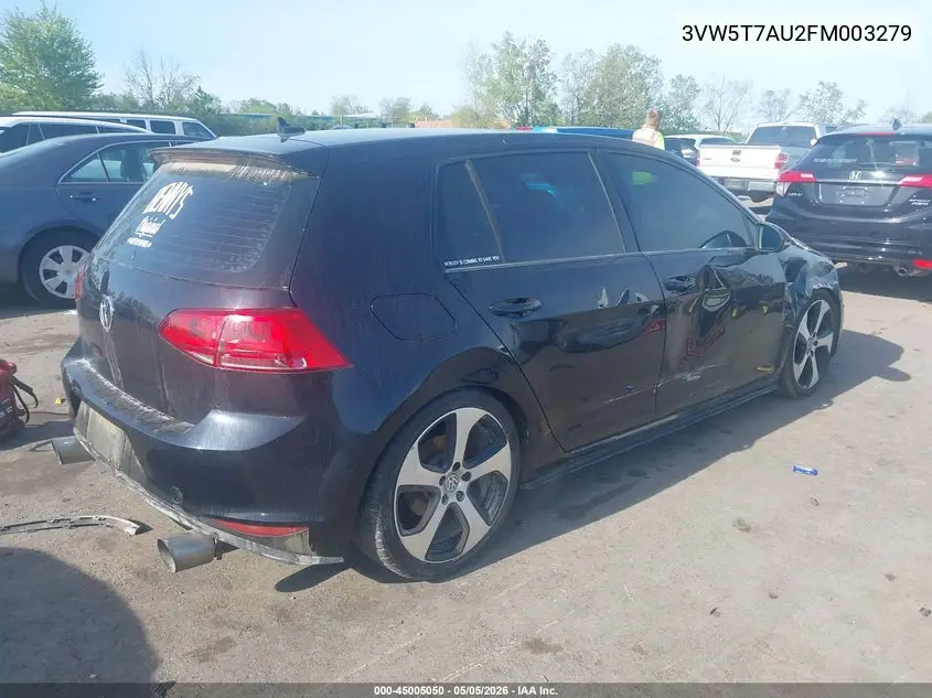 2015 Volkswagen Golf Gti 2.0T S 4-Door VIN: 3VW5T7AU2FM003279 Lot: 45005050