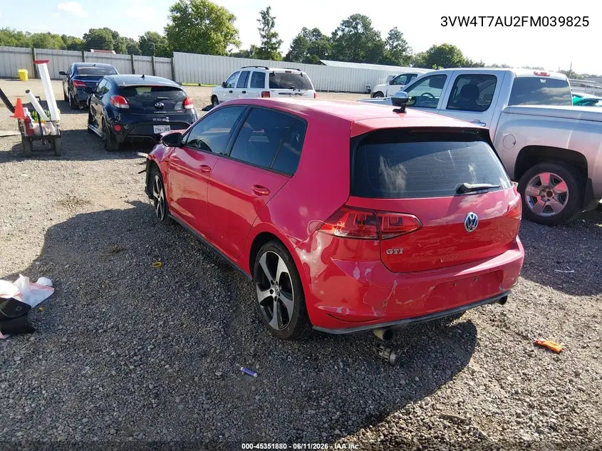 2015 Volkswagen Golf Gti 2.0T S 4-Door VIN: 3VW4T7AU2FM039825 Lot: 45351880