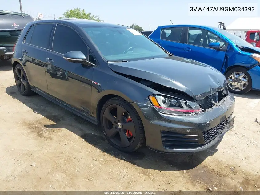 2016 Volkswagen Golf Gti Se W/Performance Package 4-Door VIN: 3VW447AU9GM034393 Lot: 44996826
