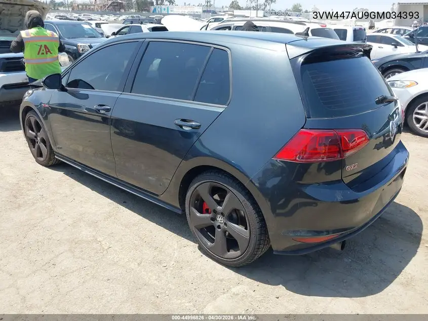 2016 Volkswagen Golf Gti Se W/Performance Package 4-Door VIN: 3VW447AU9GM034393 Lot: 44996826