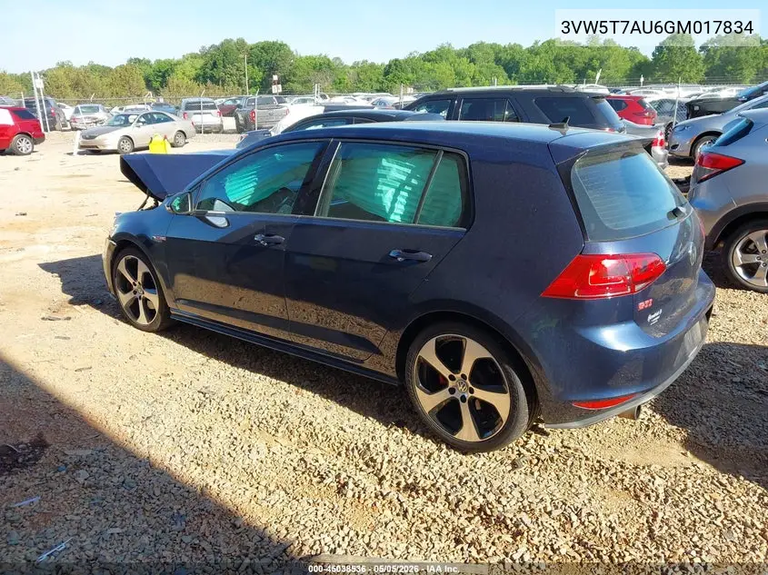 2016 Volkswagen Golf Gti S 4-Door VIN: 3VW5T7AU6GM017834 Lot: 45038536