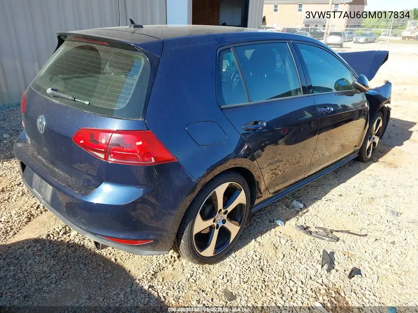 2016 Volkswagen Golf Gti S 4-Door VIN: 3VW5T7AU6GM017834 Lot: 45038536