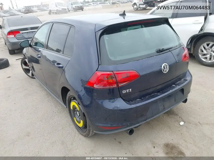 2016 Volkswagen Golf Gti S 4-Door VIN: 3VW5T7AU7GM064483 Lot: 45104657