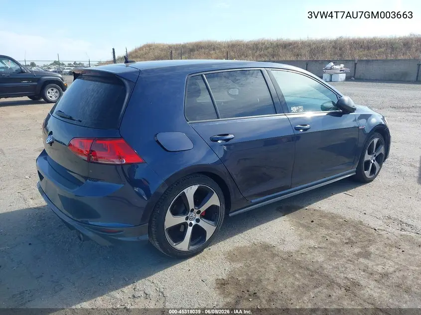 2016 Volkswagen Golf Gti S 4-Door VIN: 3VW4T7AU7GM003663 Lot: 45318039