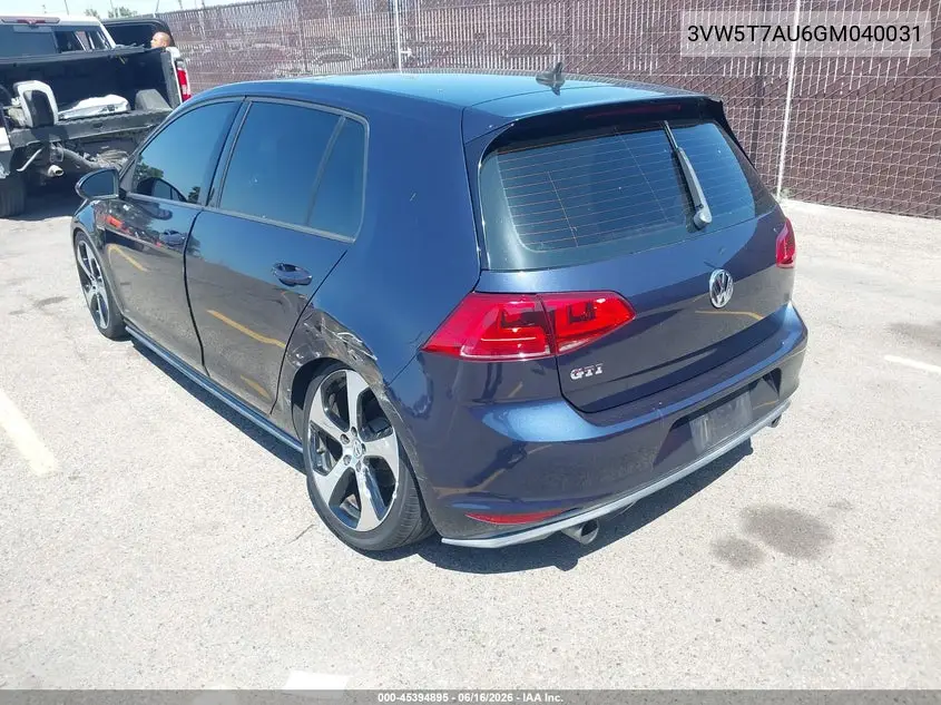 2016 Volkswagen Golf Gti Se 4-Door VIN: 3VW5T7AU6GM040031 Lot: 45394895