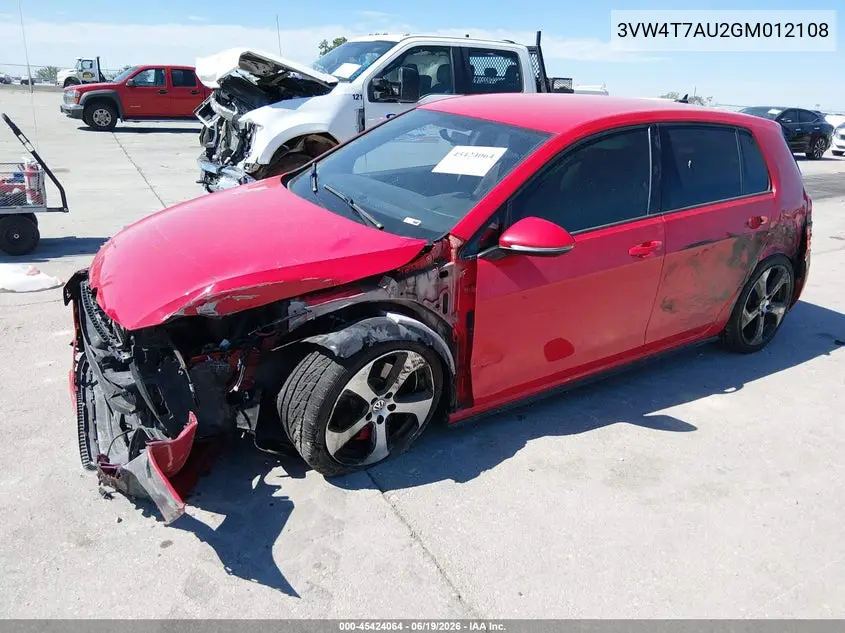 2016 Volkswagen Golf Gti S 4-Door VIN: 3VW4T7AU2GM012108 Lot: 45424064