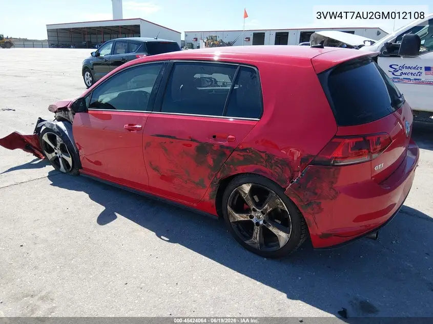 2016 Volkswagen Golf Gti S 4-Door VIN: 3VW4T7AU2GM012108 Lot: 45424064