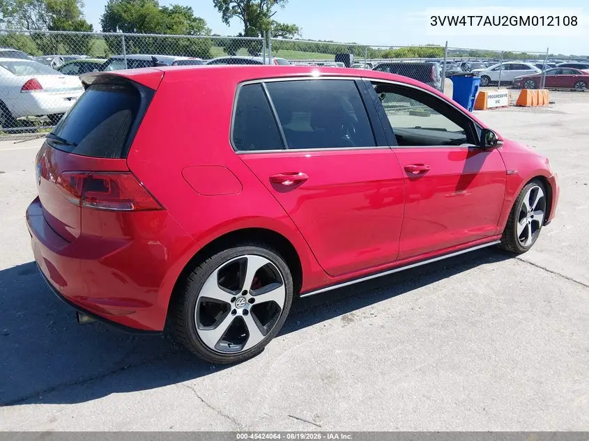 2016 Volkswagen Golf Gti S 4-Door VIN: 3VW4T7AU2GM012108 Lot: 45424064