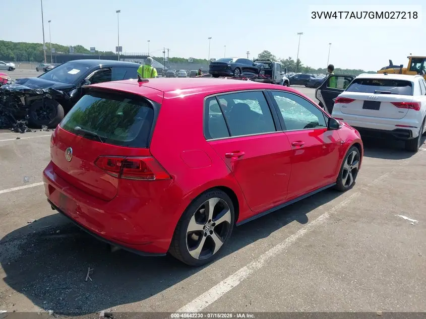 2016 Volkswagen Golf Gti S 4-Door VIN: 3VW4T7AU7GM027218 Lot: 45642230