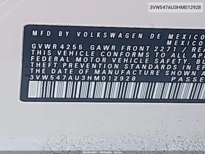 2017 Volkswagen Golf Gti Se 4-Door VIN: 3VW547AU3HM012928 Lot: 45164511