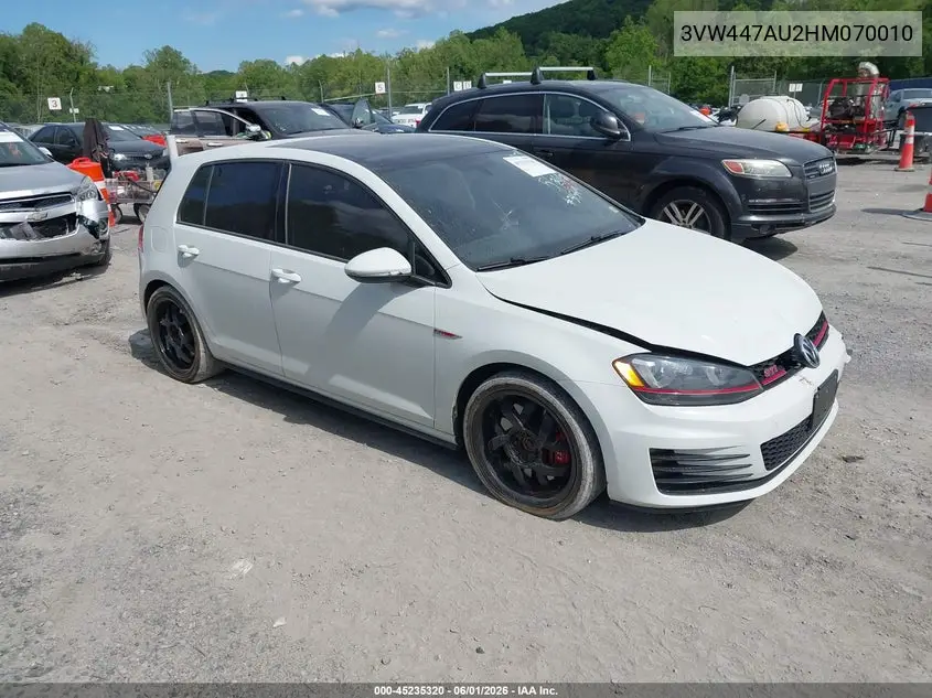2017 Volkswagen Golf Gti Autobahn 4-Door/S 4-Door/Se 4-Door/Sport 4-Door VIN: 3VW447AU2HM070010 Lot: 45235320