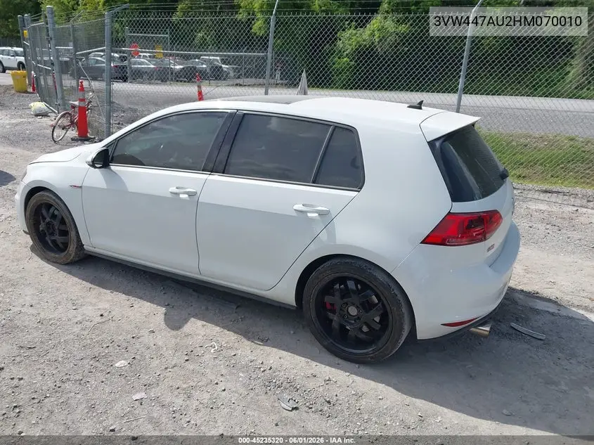 2017 Volkswagen Golf Gti Autobahn 4-Door/S 4-Door/Se 4-Door/Sport 4-Door VIN: 3VW447AU2HM070010 Lot: 45235320