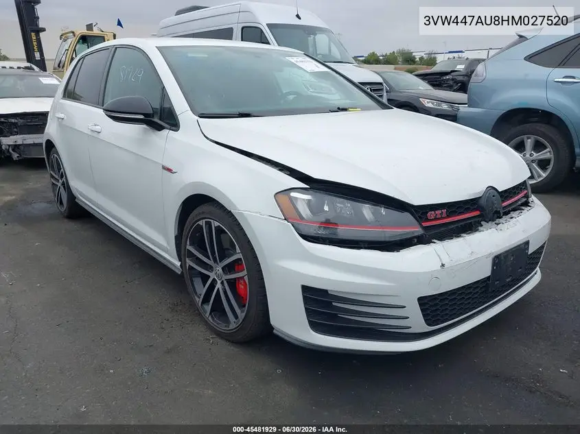2017 Volkswagen Golf Gti Autobahn 4-Door/S 4-Door/Se 4-Door/Sport 4-Door VIN: 3VW447AU8HM027520 Lot: 45481929