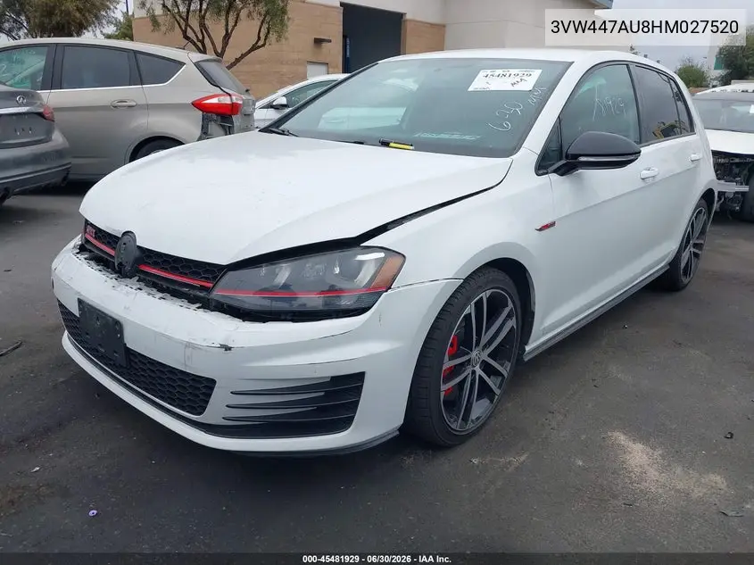2017 Volkswagen Golf Gti Autobahn 4-Door/S 4-Door/Se 4-Door/Sport 4-Door VIN: 3VW447AU8HM027520 Lot: 45481929