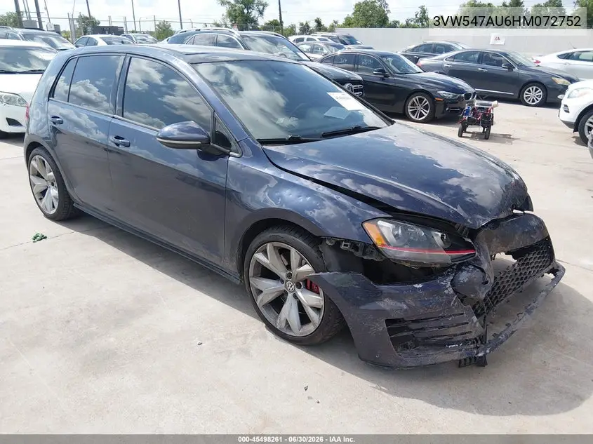 2017 Volkswagen Golf Gti Autobahn 4-Door/S 4-Door/Se 4-Door/Sport 4-Door VIN: 3VW547AU6HM072752 Lot: 45498261