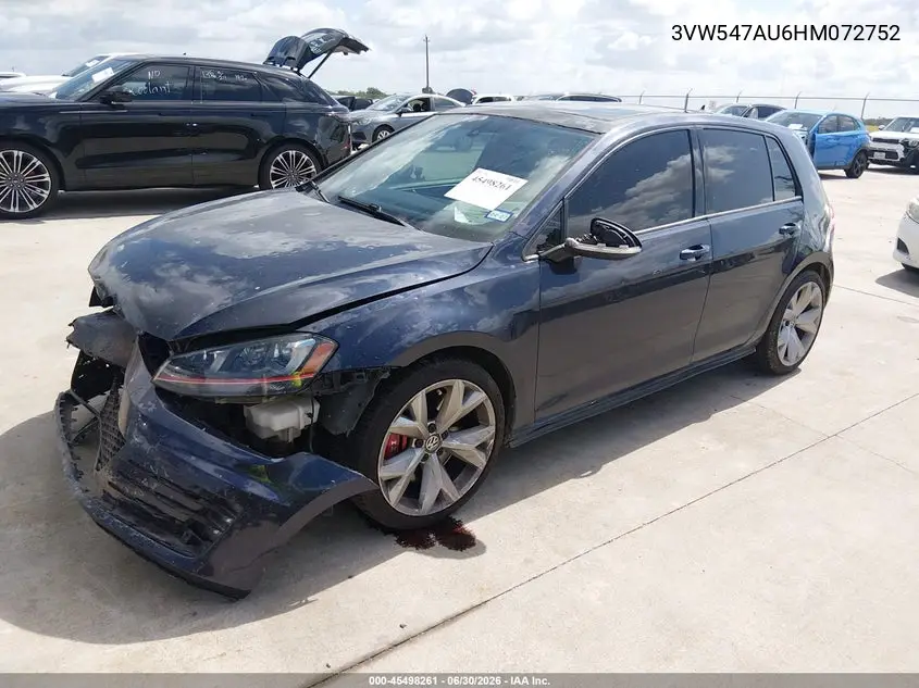 2017 Volkswagen Golf Gti Autobahn 4-Door/S 4-Door/Se 4-Door/Sport 4-Door VIN: 3VW547AU6HM072752 Lot: 45498261