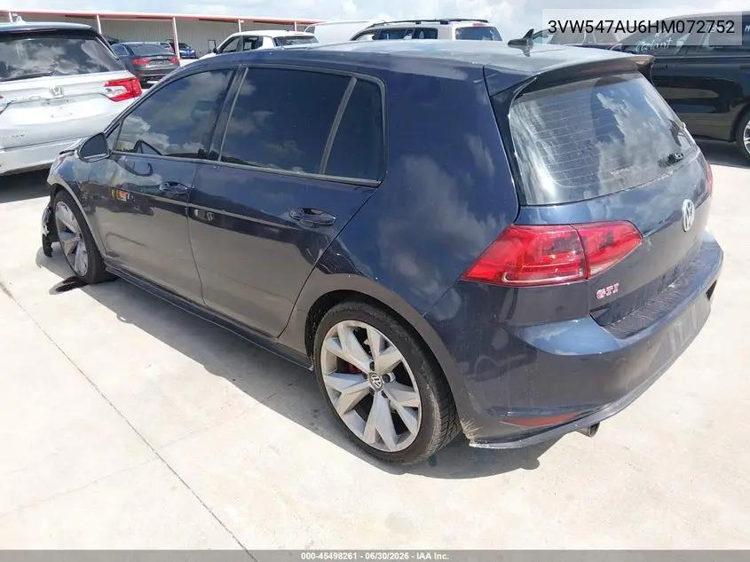 2017 Volkswagen Golf Gti Autobahn 4-Door/S 4-Door/Se 4-Door/Sport 4-Door VIN: 3VW547AU6HM072752 Lot: 45498261
