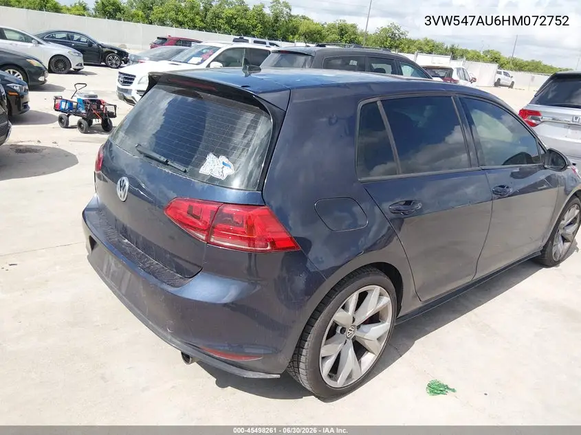 2017 Volkswagen Golf Gti Autobahn 4-Door/S 4-Door/Se 4-Door/Sport 4-Door VIN: 3VW547AU6HM072752 Lot: 45498261