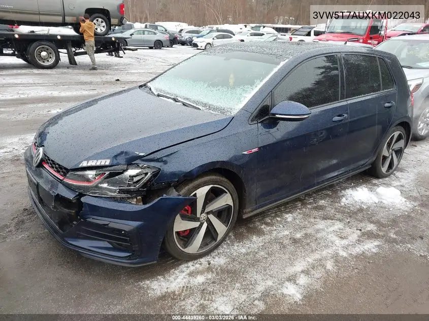 2019 Volkswagen Golf Gti 2.0T Autobahn/2.0T Rabbit Edition/2.0T S/2.0T Se VIN: 3VW5T7AUXKM022043 Lot: 44439260