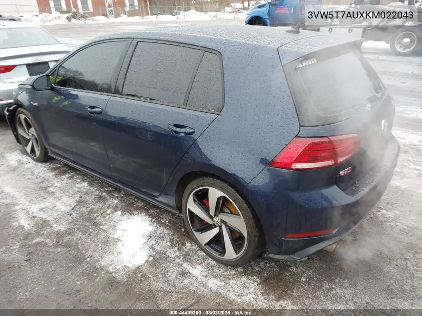 2019 Volkswagen Golf Gti 2.0T Autobahn/2.0T Rabbit Edition/2.0T S/2.0T Se VIN: 3VW5T7AUXKM022043 Lot: 44439260