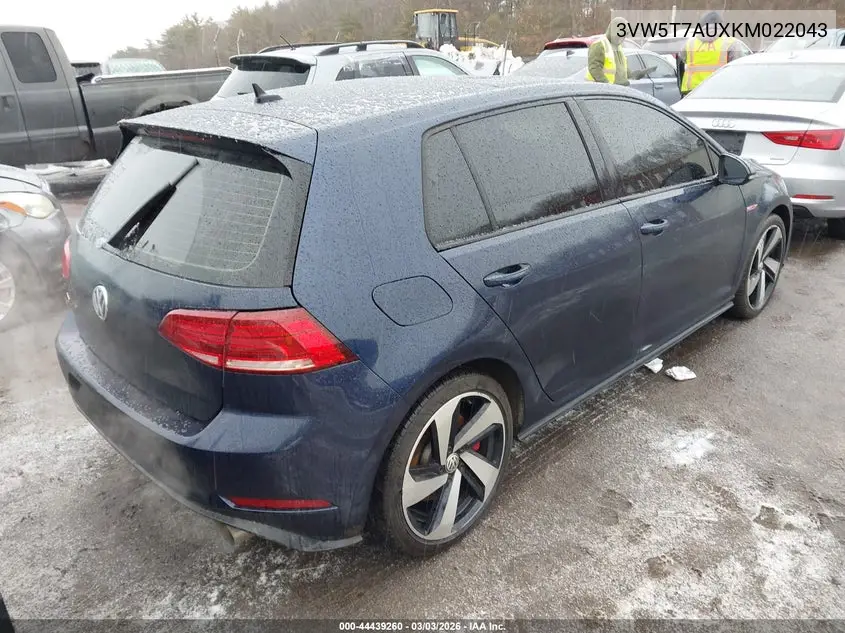 2019 Volkswagen Golf Gti 2.0T Autobahn/2.0T Rabbit Edition/2.0T S/2.0T Se VIN: 3VW5T7AUXKM022043 Lot: 44439260