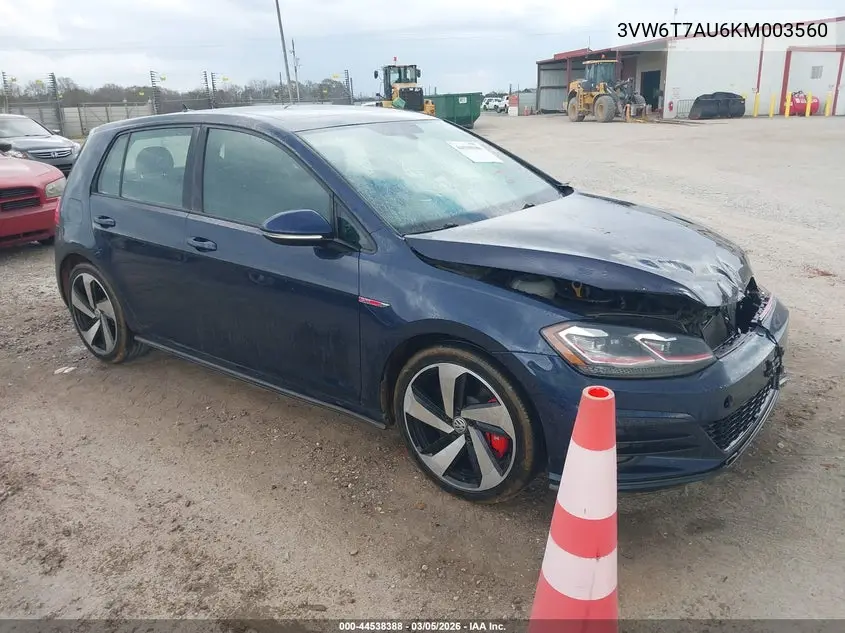 2019 Volkswagen Golf Gti 2.0T Autobahn/2.0T Rabbit Edition/2.0T S/2.0T Se VIN: 3VW6T7AU6KM003560 Lot: 44538388