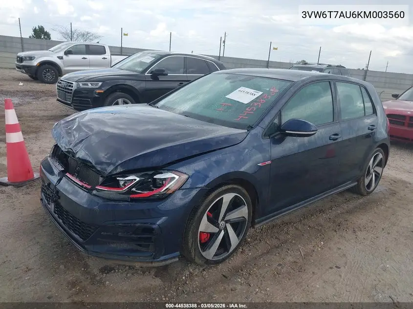 2019 Volkswagen Golf Gti 2.0T Autobahn/2.0T Rabbit Edition/2.0T S/2.0T Se VIN: 3VW6T7AU6KM003560 Lot: 44538388
