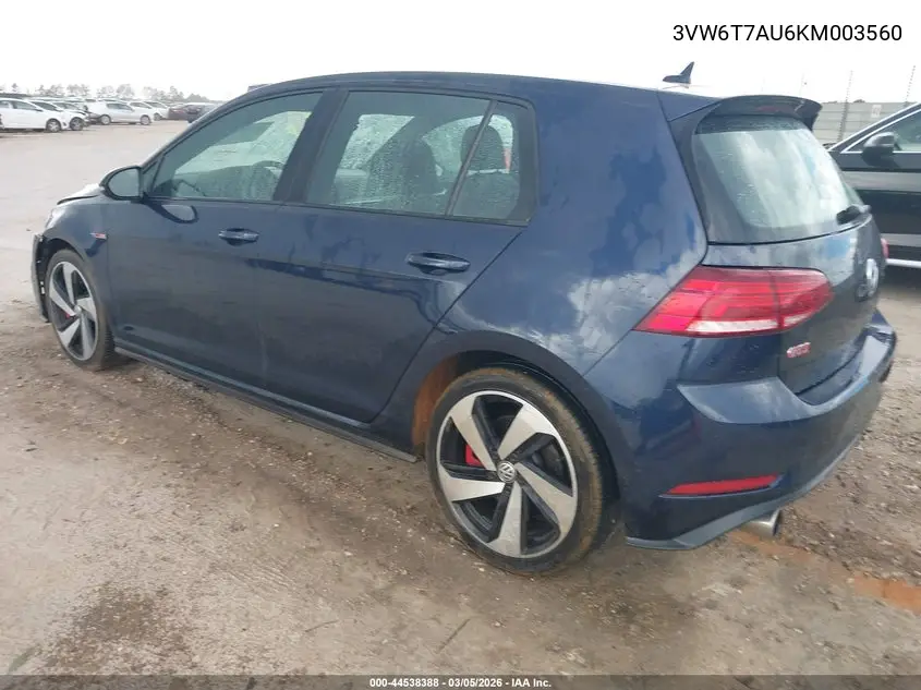 2019 Volkswagen Golf Gti 2.0T Autobahn/2.0T Rabbit Edition/2.0T S/2.0T Se VIN: 3VW6T7AU6KM003560 Lot: 44538388