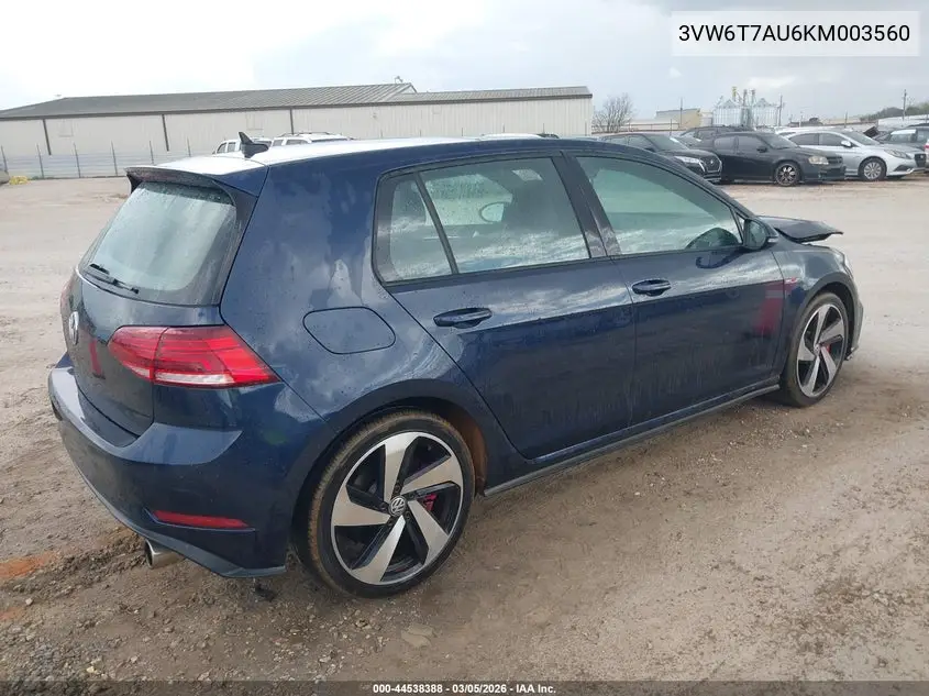 2019 Volkswagen Golf Gti 2.0T Autobahn/2.0T Rabbit Edition/2.0T S/2.0T Se VIN: 3VW6T7AU6KM003560 Lot: 44538388