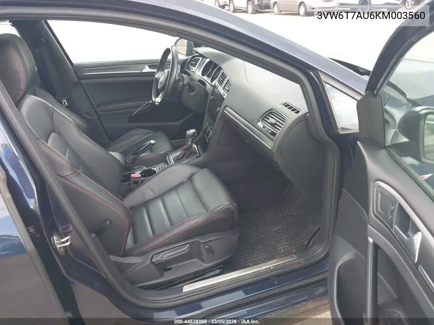 2019 Volkswagen Golf Gti 2.0T Autobahn/2.0T Rabbit Edition/2.0T S/2.0T Se VIN: 3VW6T7AU6KM003560 Lot: 44538388
