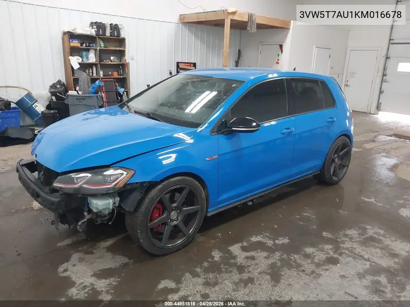 2019 Volkswagen Golf Gti 2.0T Autobahn/2.0T Rabbit Edition/2.0T S/2.0T Se VIN: 3VW5T7AU1KM016678 Lot: 44951816