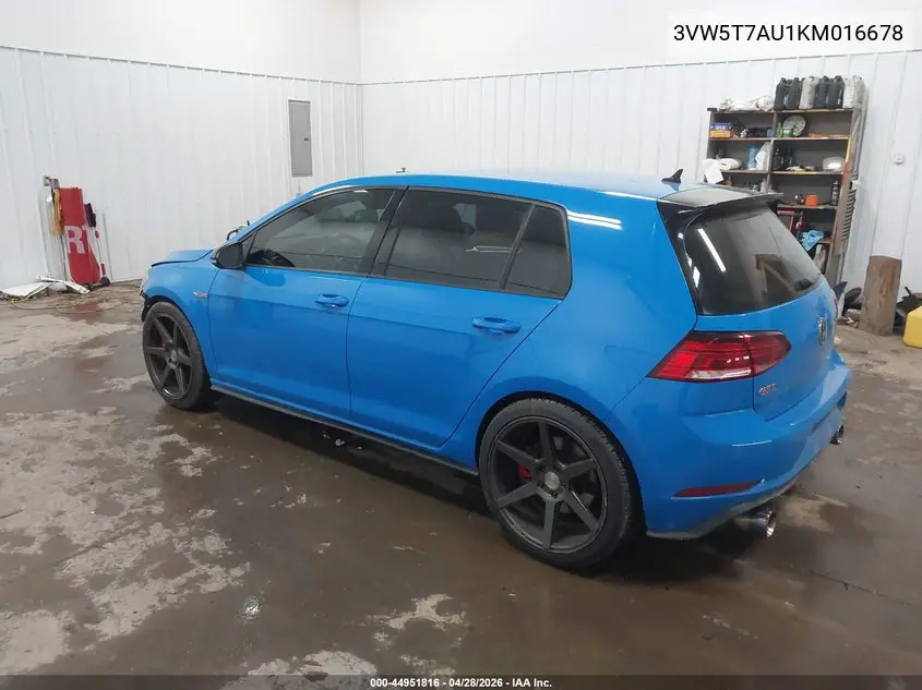 2019 Volkswagen Golf Gti 2.0T Autobahn/2.0T Rabbit Edition/2.0T S/2.0T Se VIN: 3VW5T7AU1KM016678 Lot: 44951816