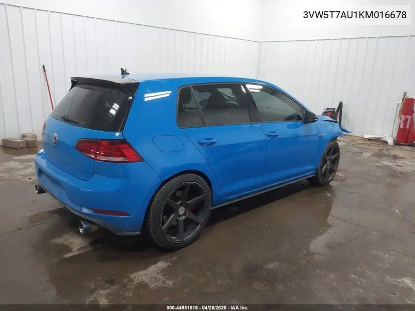 2019 Volkswagen Golf Gti 2.0T Autobahn/2.0T Rabbit Edition/2.0T S/2.0T Se VIN: 3VW5T7AU1KM016678 Lot: 44951816
