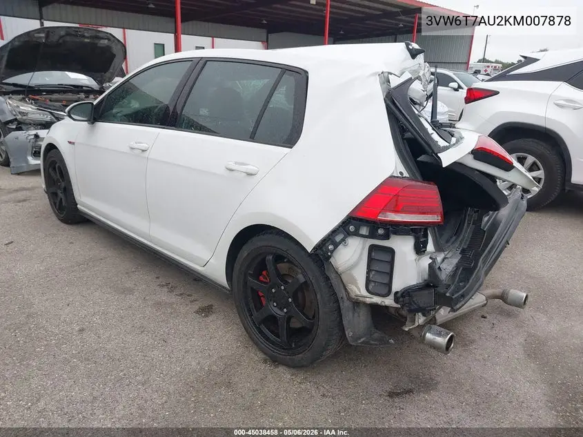 2019 Volkswagen Golf Gti 2.0T Autobahn/2.0T Rabbit Edition/2.0T S/2.0T Se VIN: 3VW6T7AU2KM007878 Lot: 45038458