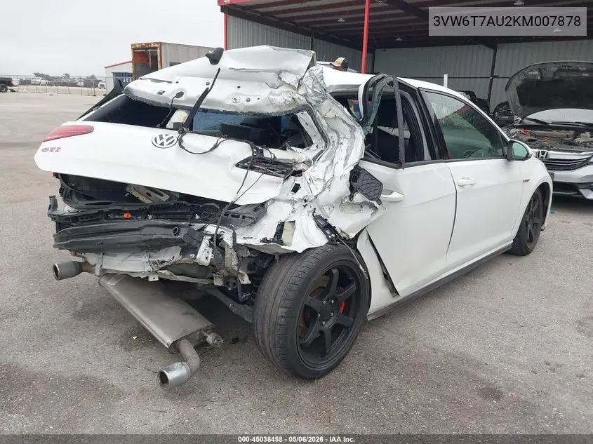 2019 Volkswagen Golf Gti 2.0T Autobahn/2.0T Rabbit Edition/2.0T S/2.0T Se VIN: 3VW6T7AU2KM007878 Lot: 45038458