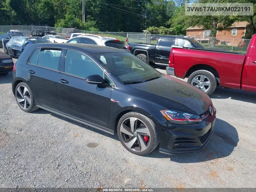 2019 Volkswagen Golf Gti 2.0T Autobahn/2.0T Rabbit Edition/2.0T S/2.0T Se VIN: 3VW6T7AU8KM022191 Lot: 45238374