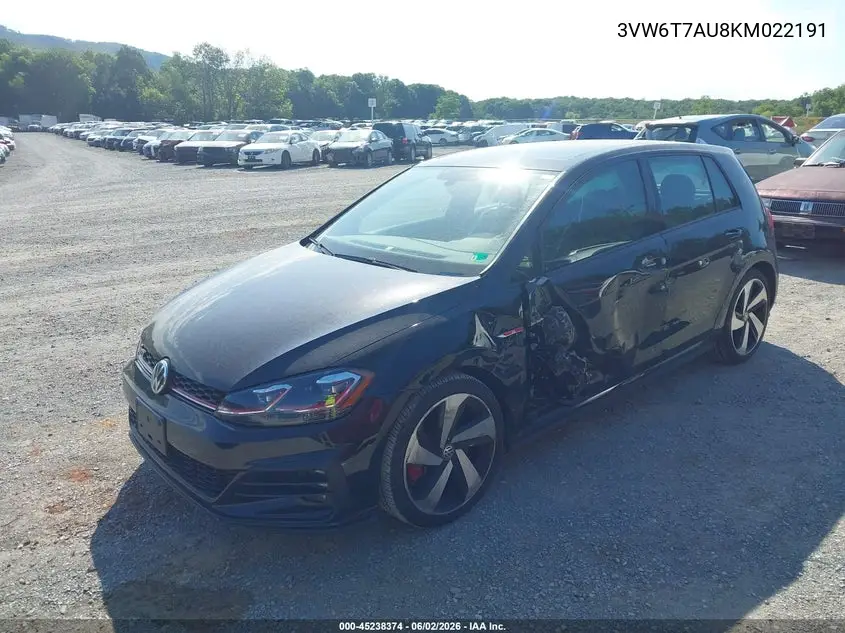 2019 Volkswagen Golf Gti 2.0T Autobahn/2.0T Rabbit Edition/2.0T S/2.0T Se VIN: 3VW6T7AU8KM022191 Lot: 45238374