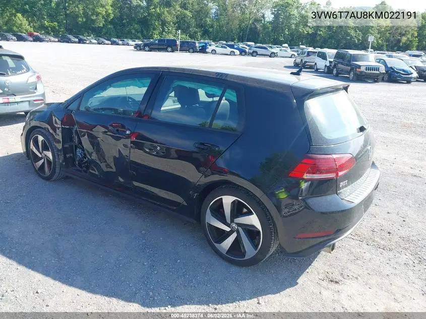 2019 Volkswagen Golf Gti 2.0T Autobahn/2.0T Rabbit Edition/2.0T S/2.0T Se VIN: 3VW6T7AU8KM022191 Lot: 45238374