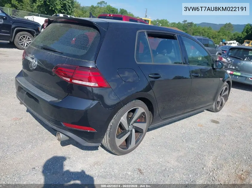 2019 Volkswagen Golf Gti 2.0T Autobahn/2.0T Rabbit Edition/2.0T S/2.0T Se VIN: 3VW6T7AU8KM022191 Lot: 45238374