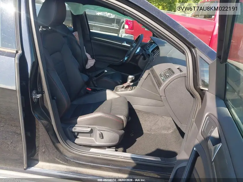 2019 Volkswagen Golf Gti 2.0T Autobahn/2.0T Rabbit Edition/2.0T S/2.0T Se VIN: 3VW6T7AU8KM022191 Lot: 45238374