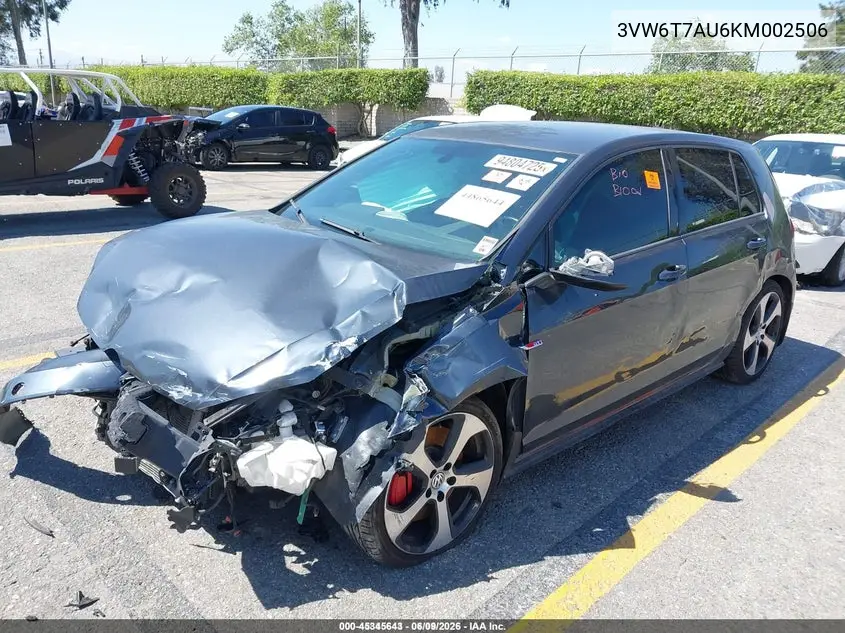2019 Volkswagen Golf Gti 2.0T Autobahn/2.0T Rabbit Edition/2.0T S/2.0T Se VIN: 3VW6T7AU6KM002506 Lot: 45345643