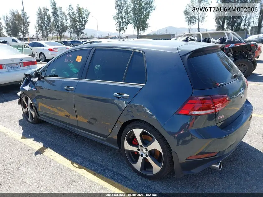 2019 Volkswagen Golf Gti 2.0T Autobahn/2.0T Rabbit Edition/2.0T S/2.0T Se VIN: 3VW6T7AU6KM002506 Lot: 45345643